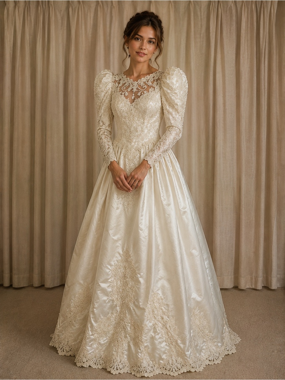 “E1” Vintage 1980 Elegant Ivory Lace Long Sleeve Ball Gown Dress